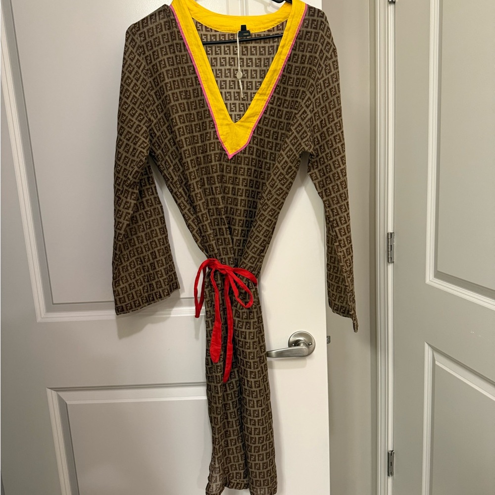 Authentic fendi Brown Patterned Dress with Yellow and Red Accents